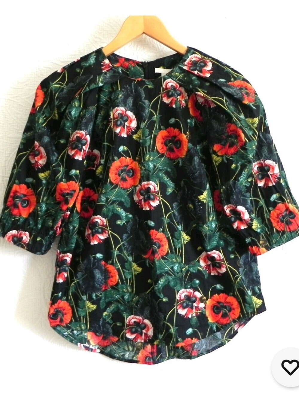 H&M Black Puff Sleeves Cotton Blouse with Mukticolor Poppy Floral Print Size 10